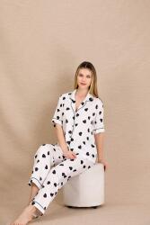 Kadın Saten Kalp Baskılı Pijama Takım, Önden Düğmeli 