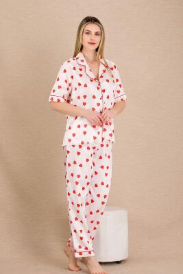 Kadın Saten Kalp Baskılı Pijama Takım, Önden Düğmeli  - 6