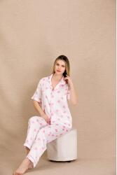 Kadın Saten Kalp Baskılı Pijama Takım, Önden Düğmeli  - 7
