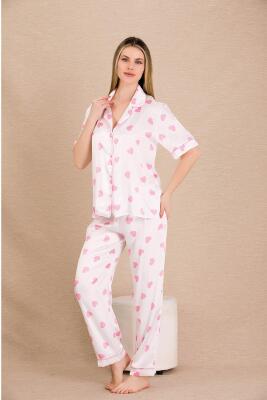 Kadın Saten Kalp Baskılı Pijama Takım, Önden Düğmeli  - 8