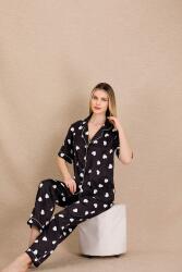 Kadın Saten Kalp Baskılı Pijama Takım, Önden Düğmeli  - 9