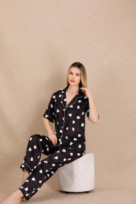 Kadın Saten Kalp Baskılı Pijama Takım, Önden Düğmeli  - 9
