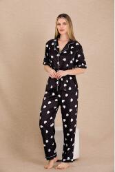 Kadın Saten Kalp Baskılı Pijama Takım, Önden Düğmeli  - 10