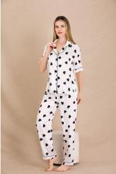Kadın Saten Kalp Baskılı Pijama Takım, Önden Düğmeli  - 2