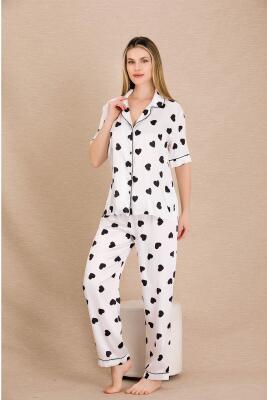 Kadın Saten Kalp Baskılı Pijama Takım, Önden Düğmeli  - 2