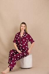 Kadın Saten Kalp Baskılı Pijama Takım, Önden Düğmeli  - 3