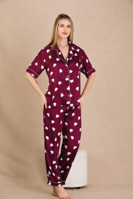 Kadın Saten Kalp Baskılı Pijama Takım, Önden Düğmeli  - 4