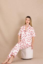 Kadın Saten Kalp Baskılı Pijama Takım, Önden Düğmeli  - 5