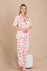 Kadın Saten Kalp Baskılı Pijama Takım, Önden Düğmeli  - 6