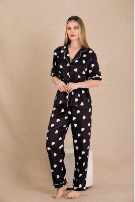 Kadın Saten Kalp Baskılı Pijama Takım, Önden Düğmeli  - 10