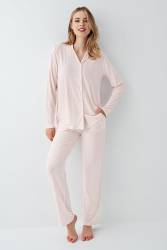 Kadın Şeker Pembe Gömlek Pijama Takım, Çizgili, %50 Pamuk %50 Modal - Thumbnail