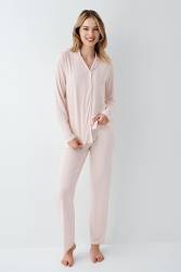 Kadın Şeker Pembe Gömlek Pijama Takım, Çizgili, %50 Pamuk %50 Modal - Thumbnail