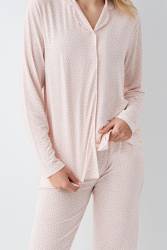 Kadın Şeker Pembe Gömlek Pijama Takım, Çizgili, %50 Pamuk %50 Modal - Thumbnail