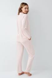 Kadın Şeker Pembe Gömlek Pijama Takım, Çizgili, %50 Pamuk %50 Modal - Thumbnail