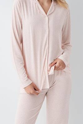 Kadın Şeker Pembe Gömlek Pijama Takım, Çizgili, %50 Pamuk %50 Modal - 3