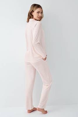 Kadın Şeker Pembe Gömlek Pijama Takım, Çizgili, %50 Pamuk %50 Modal - 4