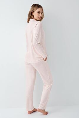 Kadın Şeker Pembe Gömlek Pijama Takım, Çizgili, %50 Pamuk %50 Modal - 4