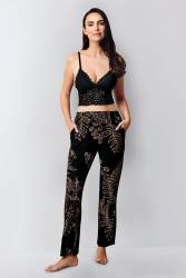Kadın Siyah 3'lü Takım, Sabahlık Pantolon Ve Bralet Set - Thumbnail