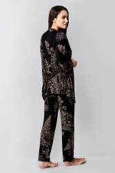 Kadın Siyah 3'lü Takım, Sabahlık Pantolon Ve Bralet Set - Thumbnail