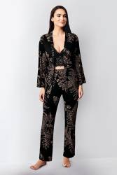 Kadın Siyah 3'lü Takım, Sabahlık Pantolon Ve Bralet Set - 4