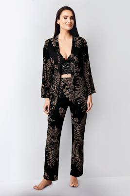 Kadın Siyah 3'lü Takım, Sabahlık Pantolon Ve Bralet Set - 4