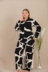 Kadın Siyah Beyaz Desen Büyük Beden Düğmeli Pijama Takım, Belmando Dokuma Viskon kumaş - Thumbnail