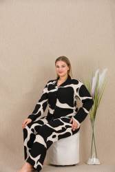 Kadın Siyah Beyaz Desen Büyük Beden Düğmeli Pijama Takım, Belmando Dokuma Viskon kumaş - Thumbnail