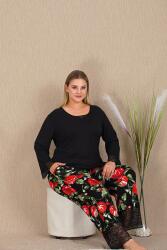 Kadın Siyah Büyük Beden  Pijama Takım, Dantel Detay, Cepli ve Çiçekli, Viskon kumaş (1)