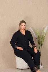 Kadın Siyah Büyük Beden Pijama Takım, Düğmeli ve Uzunkollu, bilek ve paça dantelli, viskon Kumaş - Thumbnail