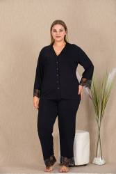 Kadın Siyah Büyük Beden Pijama Takım, Düğmeli ve Uzunkollu, bilek ve paça dantelli, viskon Kumaş - Thumbnail
