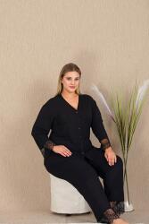 Kadın Siyah Büyük Beden Pijama Takım, Düğmeli ve Uzunkollu, bilek ve paça dantelli, viskon Kumaş - 1