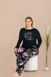 REN - Kadın Siyah Büyük Beden Pijama Takım, Üst Baskılı ve Uzunkollu , Alt cepli ve çiçek Desenli, Viskon Kumaş