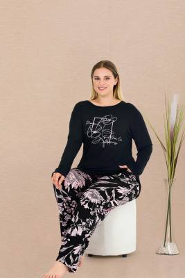 REN - Kadın Siyah Büyük Beden Pijama Takım, Üst Baskılı ve Uzunkollu , Alt cepli ve çiçek Desenli, Viskon Kumaş