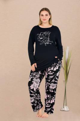 REN - Kadın Siyah Büyük Beden Pijama Takım, Üst Baskılı ve Uzunkollu , Alt cepli ve çiçek Desenli, Viskon Kumaş (1)