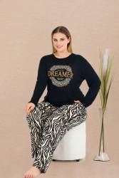 Kadın Siyah Büyük Beden Pijama Takım, Üst Uzunkollu Baskılı, Alt Zebra Desenli, Cepli, Viskon Kumaş - Thumbnail
