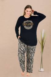 Kadın Siyah Büyük Beden Pijama Takım, Üst Uzunkollu Baskılı, Alt Zebra Desenli, Cepli, Viskon Kumaş - Thumbnail