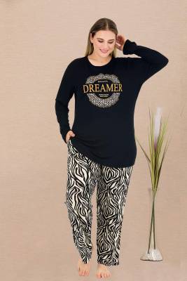 REN - Kadın Siyah Büyük Beden Pijama Takım, Üst Uzunkollu Baskılı, Alt Zebra Desenli, Cepli, Viskon Kumaş (1)