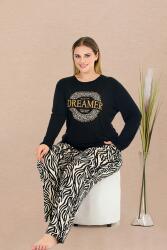 Kadın Siyah Büyük Beden Pijama Takım, Üst Uzunkollu Baskılı, Alt Zebra Desenli, Cepli, Viskon Kumaş - 1