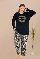 Kadın Siyah Büyük Beden Pijama Takım, Üst Uzunkollu Baskılı, Alt Zebra Desenli, Cepli, Viskon Kumaş - 2