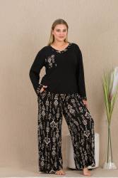 Kadın Siyah Büyük Beden Pijama Takım, Uzunkollu, Bol Paça, viskon Kumaş - Thumbnail
