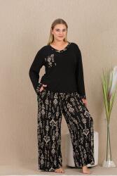 Kadın Siyah Büyük Beden Pijama Takım, Uzunkollu, Bol Paça, viskon Kumaş - 1