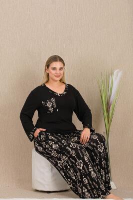 Kadın Siyah Büyük Beden Pijama Takım, Uzunkollu, Bol Paça, viskon Kumaş - 2