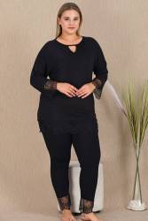 Kadın Siyah Büyük Beden Tunik Tayt Takım, Uzunkollu, Kol ve Paça Dantelli , viskon Kumaş - Thumbnail
