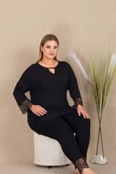 Kadın Siyah Büyük Beden Tunik Tayt Takım, Uzunkollu, Kol ve Paça Dantelli , viskon Kumaş - Thumbnail