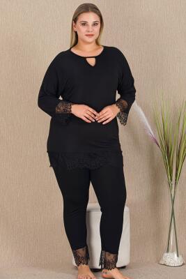 Kadın Siyah Büyük Beden Tunik Tayt Takım, Uzunkollu, Kol ve Paça Dantelli , viskon Kumaş - 1