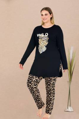 REN - Kadın Siyah Büyük Beden Tunikli Pijama Takım, Üst Uzunkollu Baskılı ve yırtmaçlı , Alt leopar Desenli, Viskon Kumaş (1)