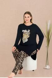 Kadın Siyah Büyük Beden Tunikli Pijama Takım, Üst Uzunkollu Baskılı ve yırtmaçlı , Alt leopar Desenli, Viskon Kumaş