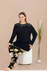 REN - Kadın Siyah Büyük Beden Tunikli Pijama Takım, Üst Uzunkollu Düz Renk , Alt çiçek Desenli, Viskon Kumaş