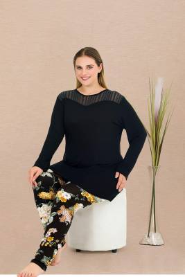 REN - Kadın Siyah Büyük Beden Tunikli Pijama Takım, Üst Uzunkollu Düz Renk , Alt çiçek Desenli, Viskon Kumaş