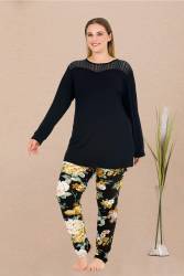 REN - Kadın Siyah Büyük Beden Tunikli Pijama Takım, Üst Uzunkollu Düz Renk , Alt çiçek Desenli, Viskon Kumaş (1)